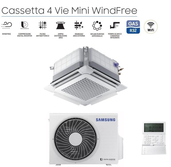 Climatizzatore Condizionatore Samsung Cassetta 4 Vie Inverter MINI WINDFREE 9000 Btu AC026RNNDKG R-32 Wi-Fi Optional Con Pannello e Comando a Filo Discount