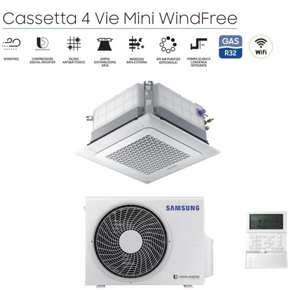 Climatizzatore Condizionatore Samsung Cassetta 4 Vie Inverter MINI WINDFREE 9000 Btu AC026RNNDKG R-32 Wi-Fi Optional Con Pannello e Comando a Filo Discount